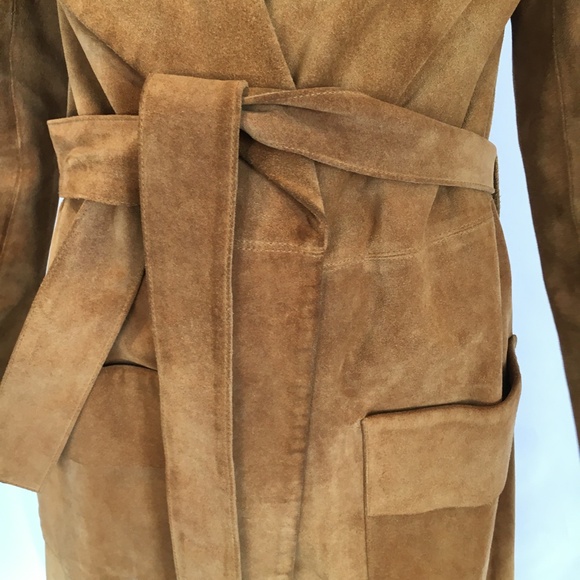 Frame Suede Leather Maxi Trench Coat Jacket Le Duster Belted Long Camel Brown XS - Picture 13 of 17